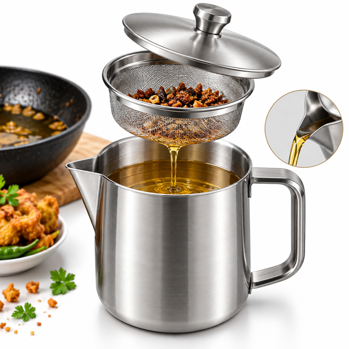 Stainless Steel Oil Keeper with Filter – Food-Grade, Fine Mesh, Drip-Proof