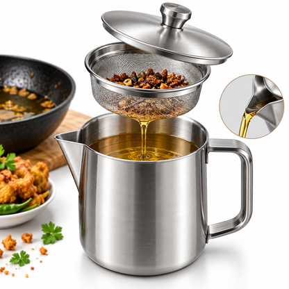 Stainless Steel Oil Keeper with Filter – Food-Grade, Fine Mesh, Drip-Proof