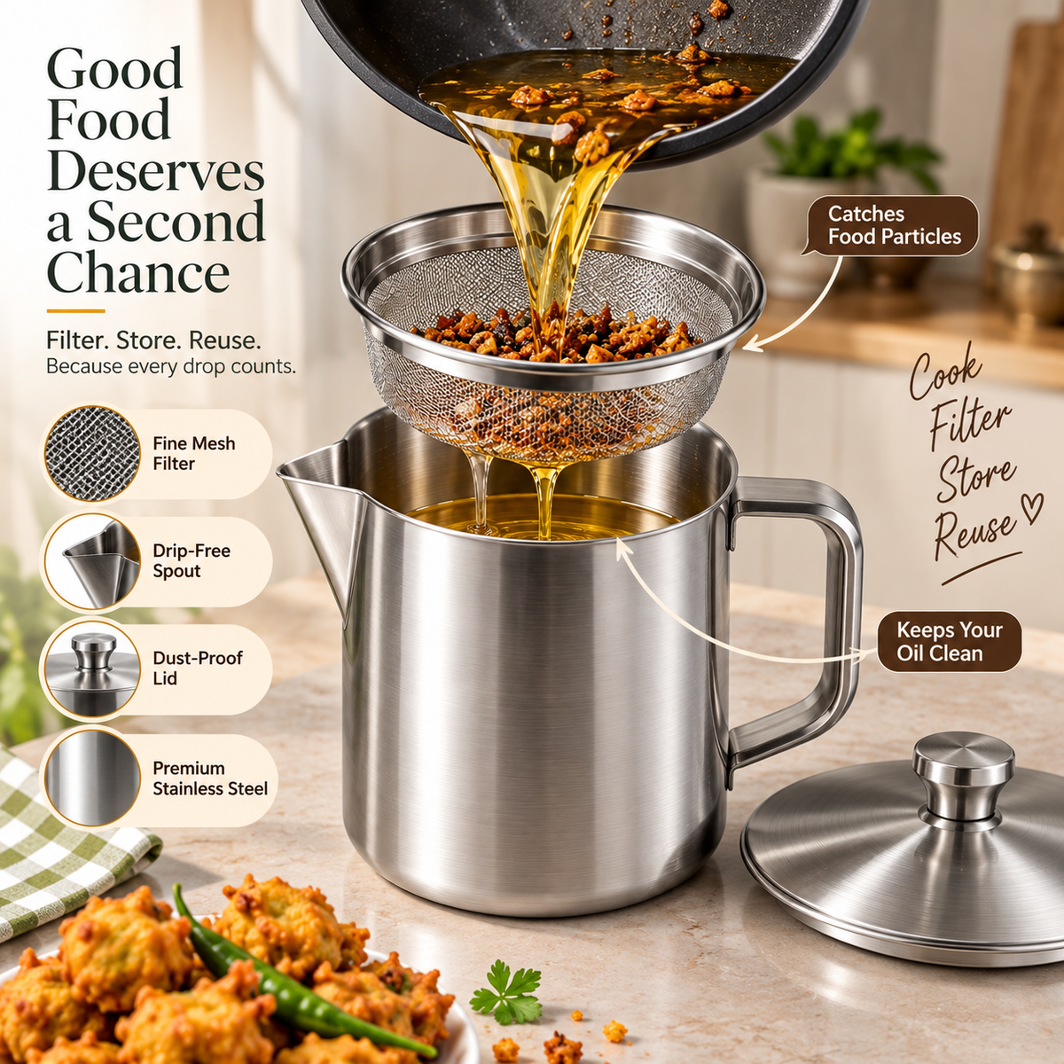 Stainless Steel Oil Keeper with Filter – Food-Grade, Fine Mesh, Drip-Proof