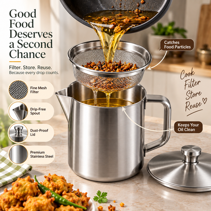 Stainless Steel Oil Keeper with Filter – Food-Grade, Fine Mesh, Drip-Proof