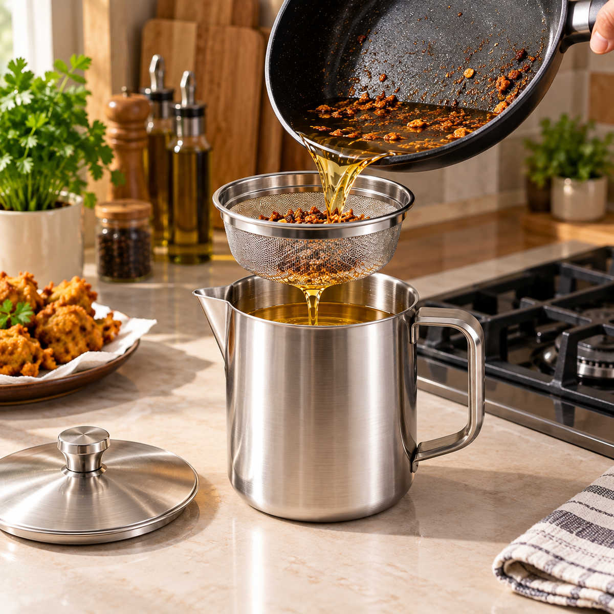 Stainless Steel Oil Keeper with Filter – Food-Grade, Fine Mesh, Drip-Proof